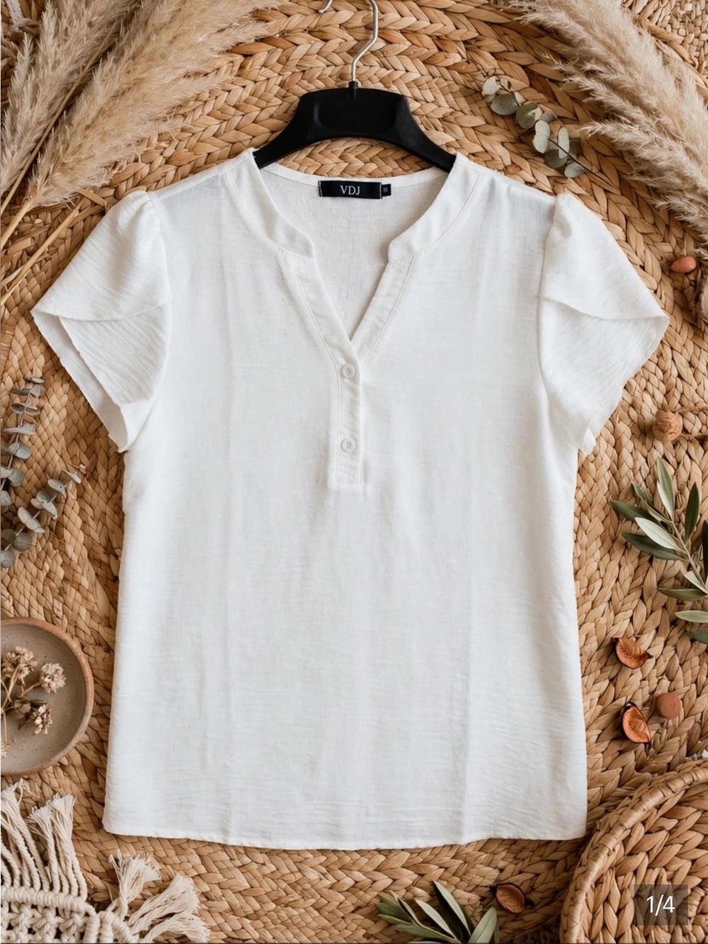 White Short Sleeve Henley with Flutter Sleeves